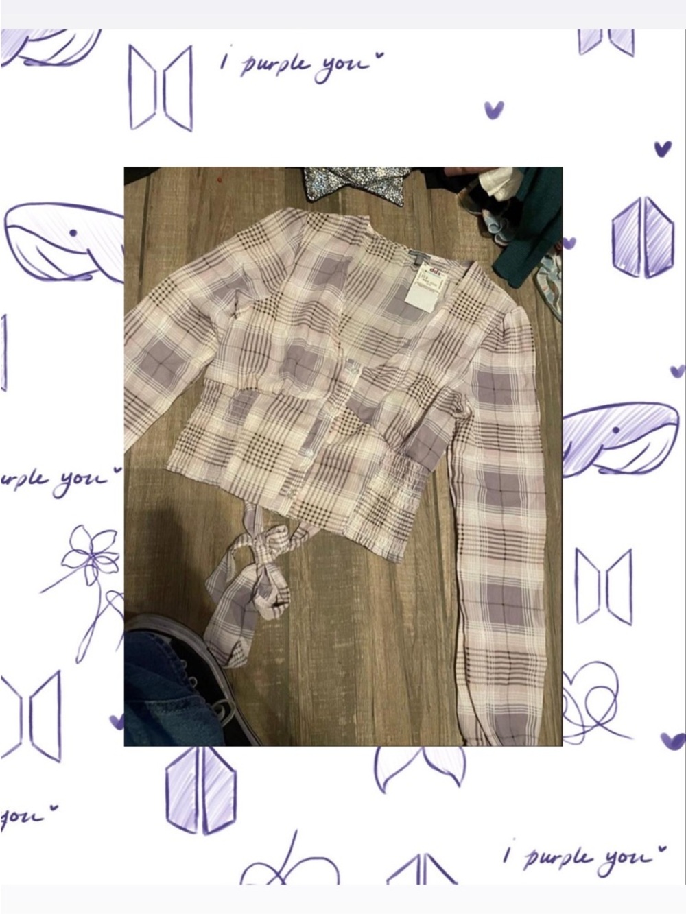 Plaid Tie-back Cropped Button-Up Top in Lavenders